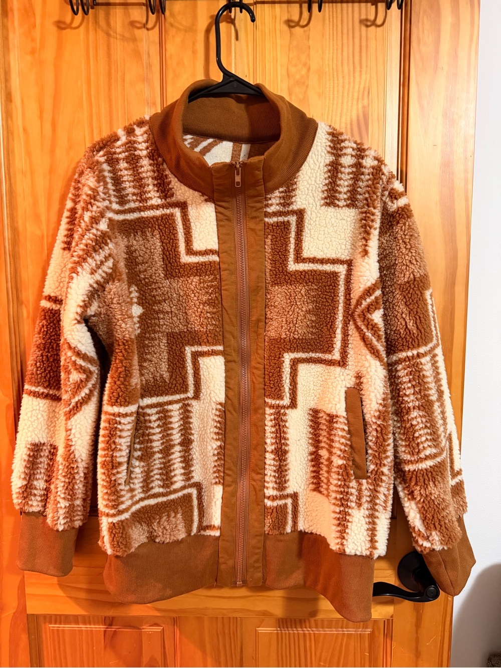 Plush Geometric Teddy Jacket in Brown/Cream